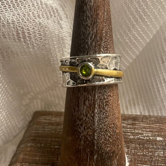 Sundance Jewelry - Hammered Two-Tone Ring with Green Gem, Stackable Statement